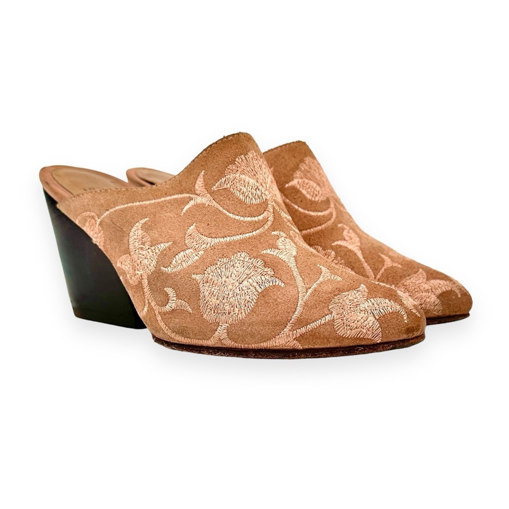 Huma Blanco Anthropologie Dorotea Rose Pink Floral Embroidered Suede Mules sz 36